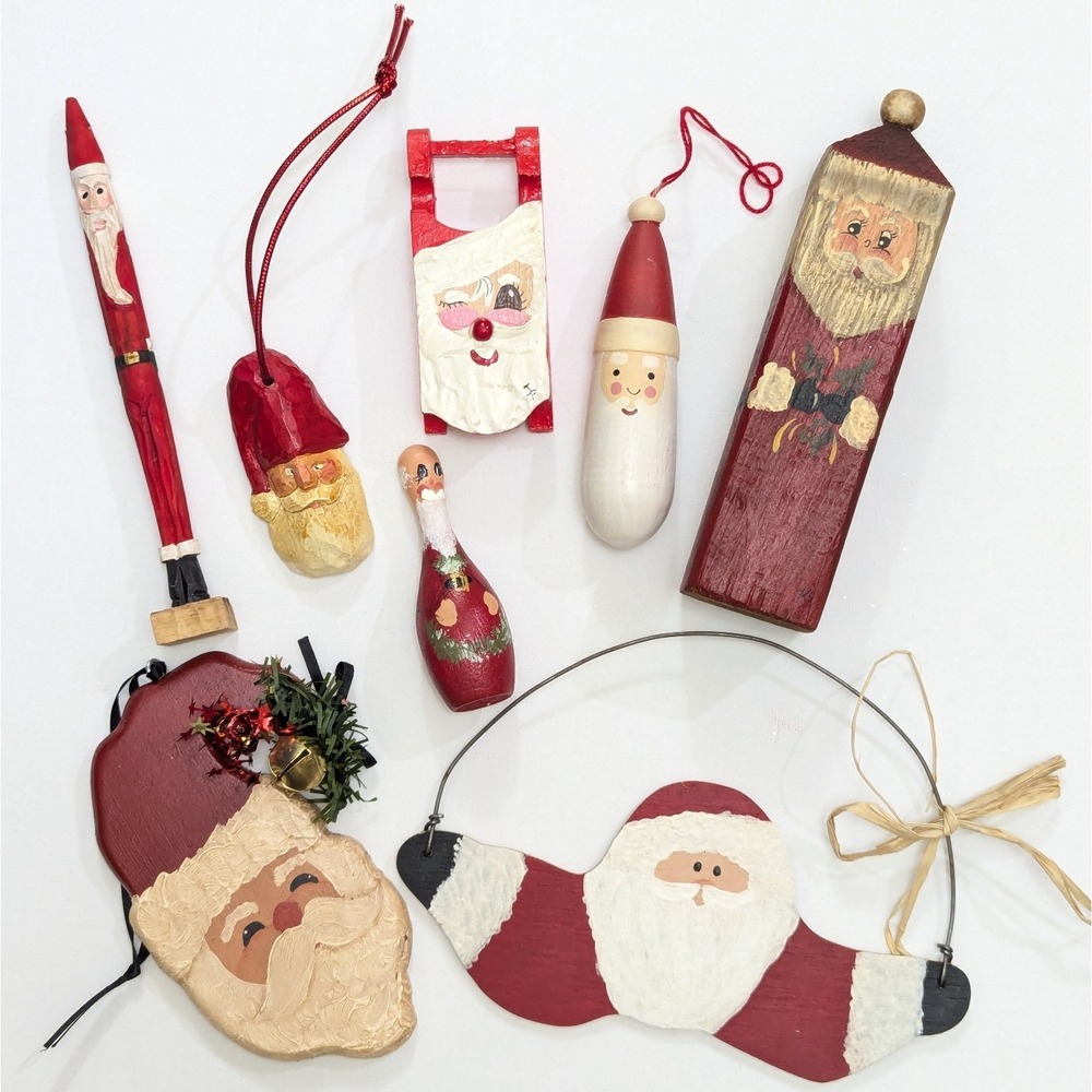 Vintage Hand Painted Santa Claus Wooden Decor Figurine Christmas Ornament Lot